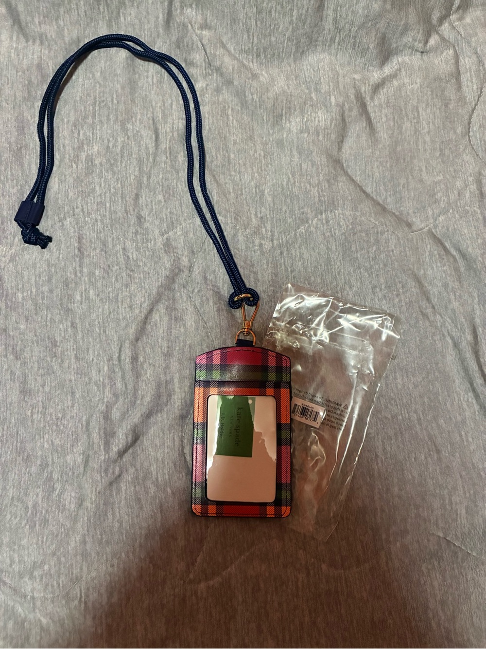 kate spade Plaid Lanyard Card Holder in Pink, Orange & Green